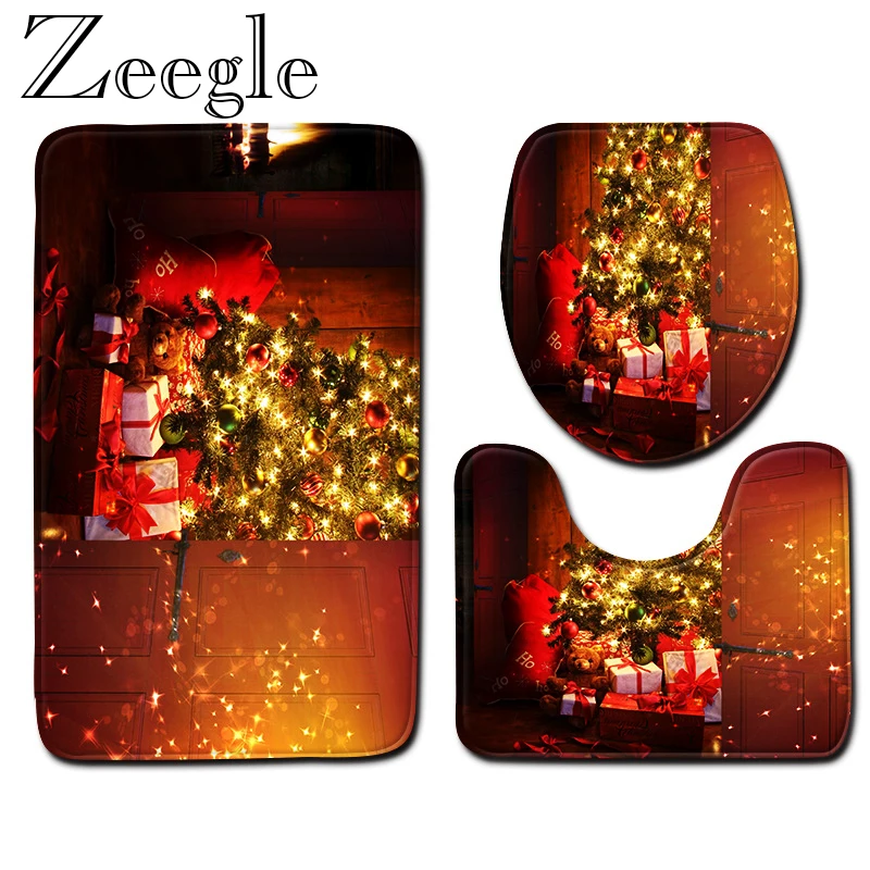 Набор рождественских ковриков для ванной 3 шт. нескользящий коврик душа и мягкий