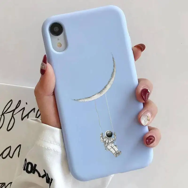 

Space Moon Cute Cats Cover Phone Case Blue Silicone For Iphone 6 7 8 11 12 plus XR X XS SE2020 11/12PRO Max Cases
