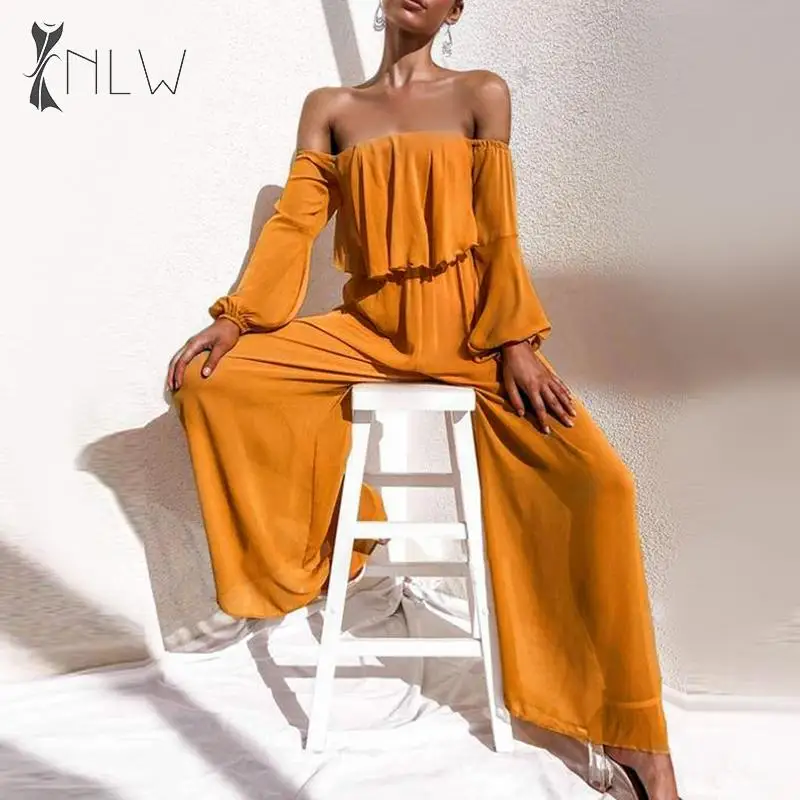 NLW сексуальный женский комбинезон с открытыми плечами шифоновый длинный
