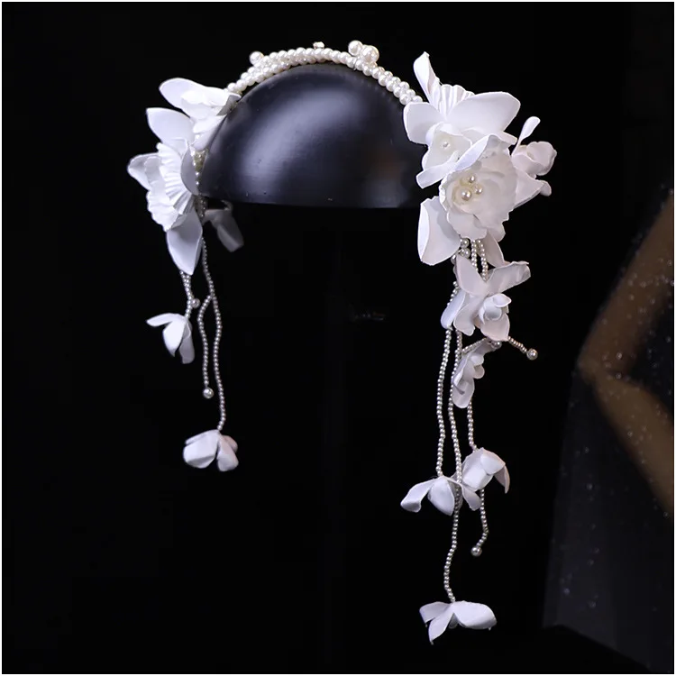 Cinta tridimensional para el pelo de flores blancas, diadema de doble capa, adorno para el cabello nupcial con perlas, accesorios para el cabello de boda