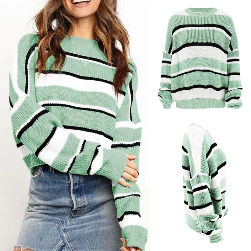 

Striped Loose Ladies Sweater Pullover Fall/Winter Green Contrast Color Thin Pullover Knitted Sweater