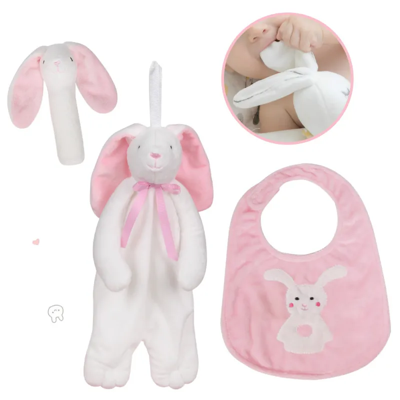 

Newborn Cute Baby Rattle Toys Rabbit Plush Baby Cartoon Bed Toy 0-24 Months Educational Toy Rabbit Hand Bells Baby Bib Set