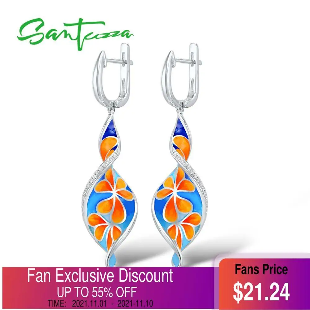 

SANTUZZA Silver Earrings For Women 925 Sterling Silver Flower Drop Earrings Long Silver 925 White Cubic Zirconia Fashion Jewelry