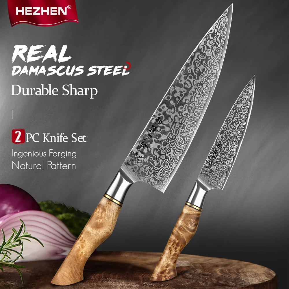 

HEZHEN 2PC Kitchen Knife Set Damascus Stainless Steel Sharp Professional Chef Utility Cooking Knives For Kitchen Knife