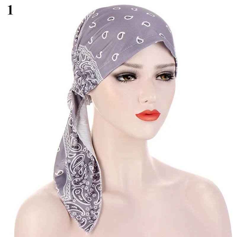 

Muslim Women Printed Hijabs Hats Turban Head Head Scarf Chemo Cancer Cap Hair Loss Hat Long Tail Bow Bonnet Wide Band Wrap Cap