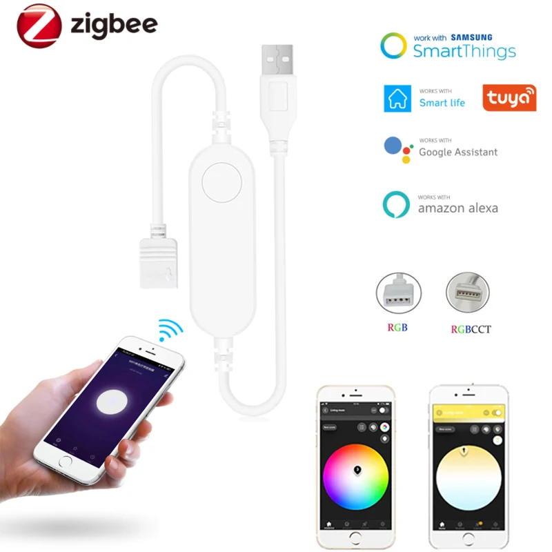 DC5-24v Tuya Zigbee RGB/RGBCCT диммер умная светодиодная лента LED Управление; USB (в том числе от приложений vocale Управление с Alexa/Google hoom/SmartThings - изображение