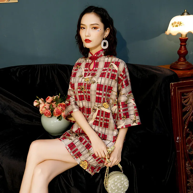 Sheng Coco свободный современный Чонсам красная решетка Ретро Короткие Qipao оленьей