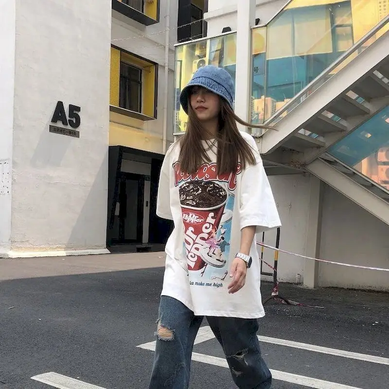 Винтажные женские футболки с принтом кока-колы Американская улица короткий