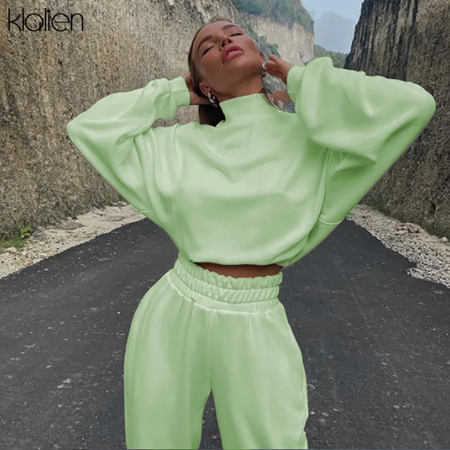 

Комплект из двух предметов KLALIEN Женский, теплый пуловер с капюшоном и брюки, уличная одежда, простой однотонный облегающий наряд, осень