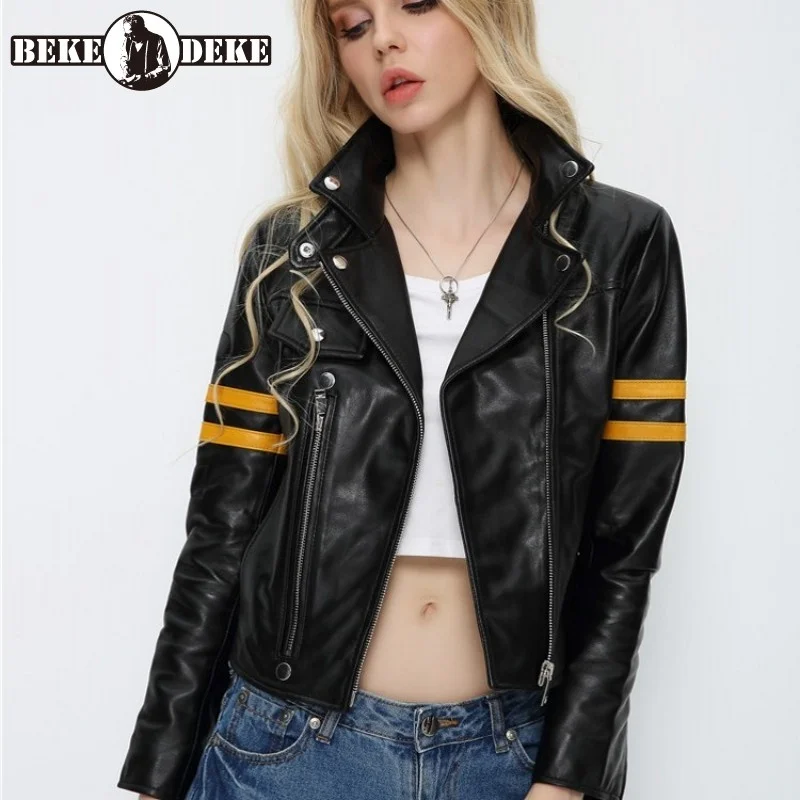 High Quality Women Slim Fit Short Real Leather Jacket Motorcycle Biker Coat Designer Female Punk Stage Show Sheepskin Jacket