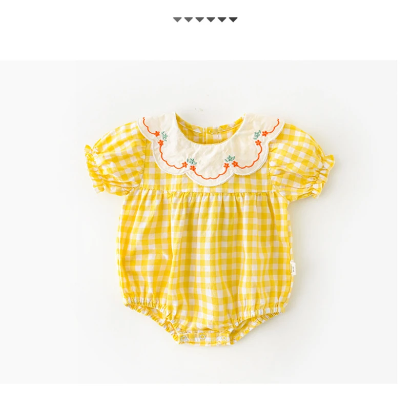

Летняя одежда для новорожденных девочек клетчатый боди с воротником Питер Пэн с вышивкой