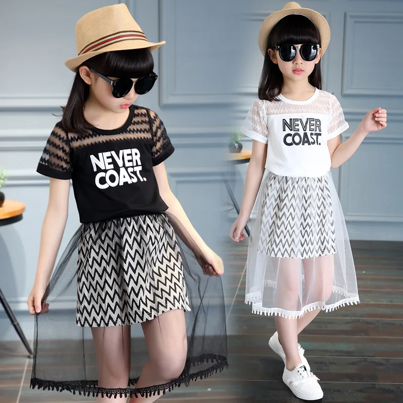 

Toddler Girl Clothes Big Girls Clothing Set Summer Boutique Outfits Kid Children Never Coast T Shirt + Mesh Shirt 4 to 15 Years
