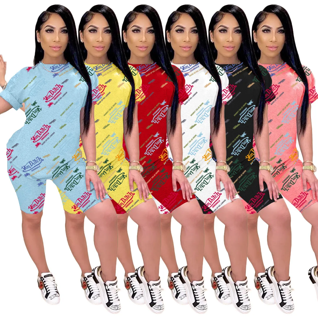 

New 2021 Women Sweatsuit Short Sleeve T Shirt Graffiti Two Piece Tracksuit 2 Piece Biker Shorts Set Von Dutch Outfit Cotton