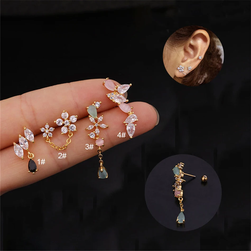 Нержавеющая Сталь Резьбовой цветок серьги гвоздики цветные капли воды циркон