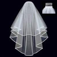 2021 new arrival wedding accessories two layer ribbon edge white ivory wedding veils bridal veil with comb
