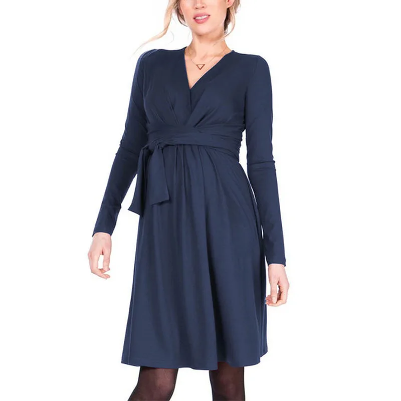 Hot Sale Autumn Creative Maternity Dress Breastfeeding Dress Fashion Long Sleeve Long Sashes Cross V-neck Nursing Dress