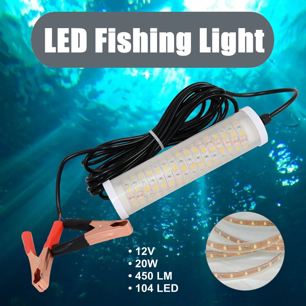 

20W Fishing Light 450lm LED Underwater Fishing Light IP65 Lures Fish Finder Lamp Attracts Prawns Squid Krill For Boats Docks