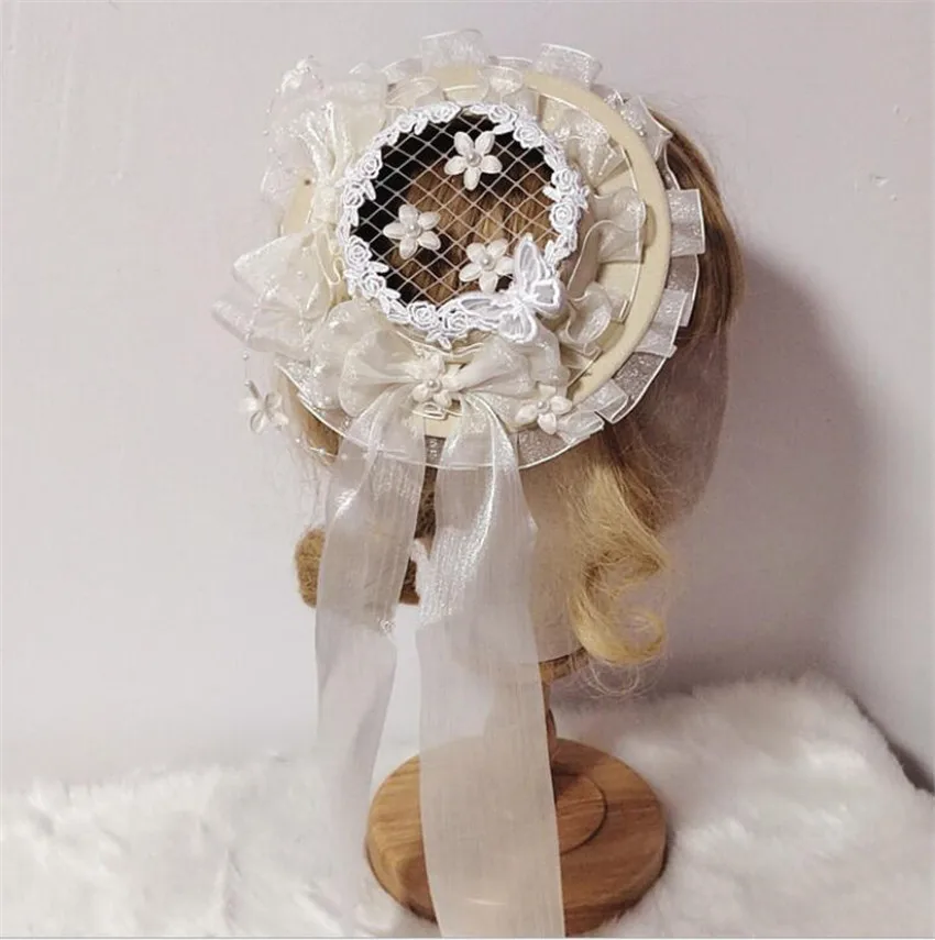 Бежевая шапка в стиле &quotЛолита&quot плоская шляпа кружевной бант Цветочная