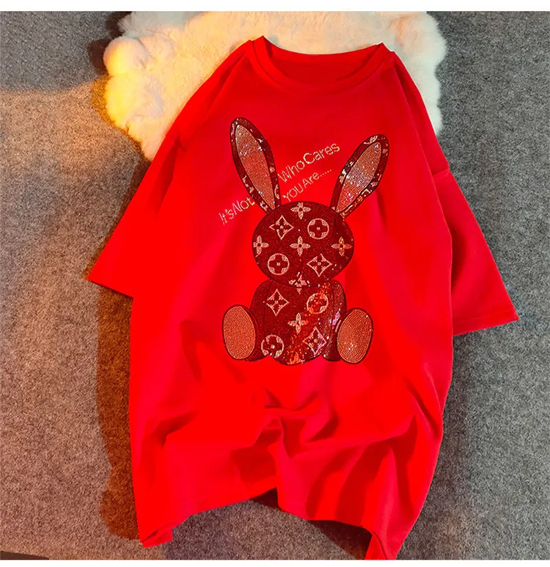 

Summer 2021 NEW Cartoon Rabbit Hot Rhinestone T-shirt Multicolor Girls Street Clothing Base Shirt Clothes Fun T-shirt O Neck