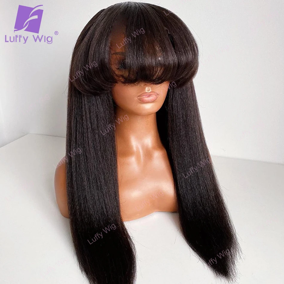 Italian Yaki Human Hair Wig With Bangs Brazilian Remy Hair Machine Made O Part Scalp Top Wig Yaki Straight For Black Women LUFFY
