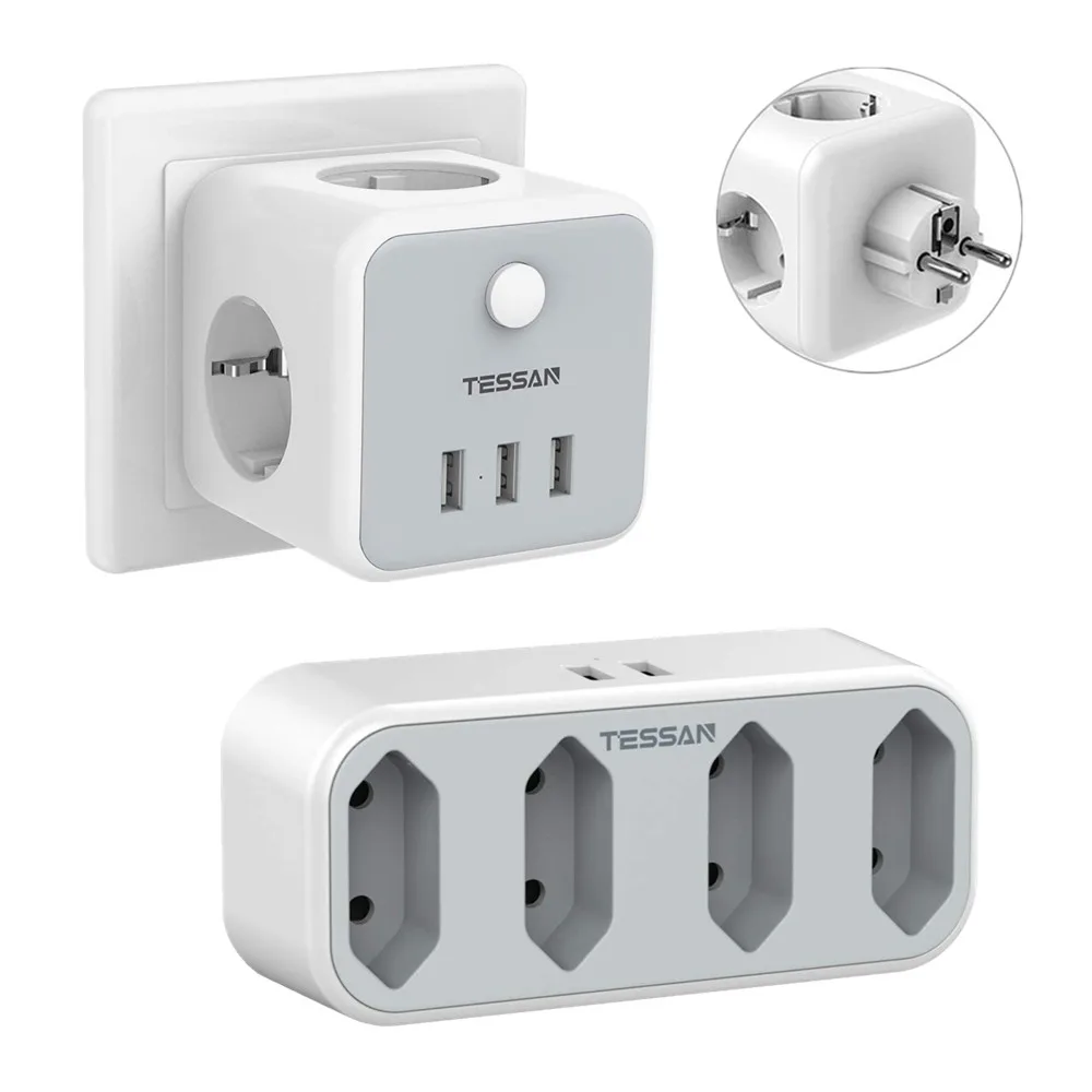 

TESSAN Multiple European Plug Power Strip with 3 EU Outlets and 3 USB Ports Overload Protection Home Travel Wall Charger Adapter