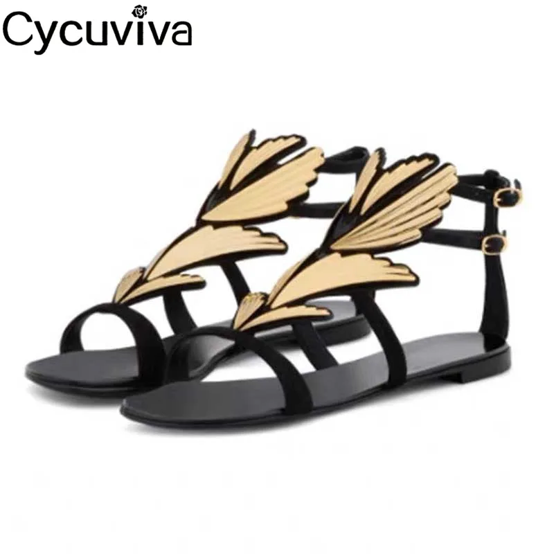 

Summer Angel Wings Ankle Strap Flat Sandals Women Black Suede Mules Casual Beach Shoes Woman Peep Toe Holiday Women Sandals
