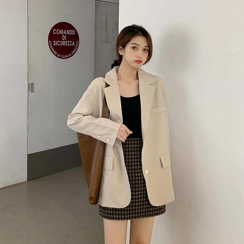 

HziriP 2021 New Autumn Minimalist Solid Notched Women Blazers Loose OL Elegant Vintage Thick Stylish Woolen Blazer Jacket Coats