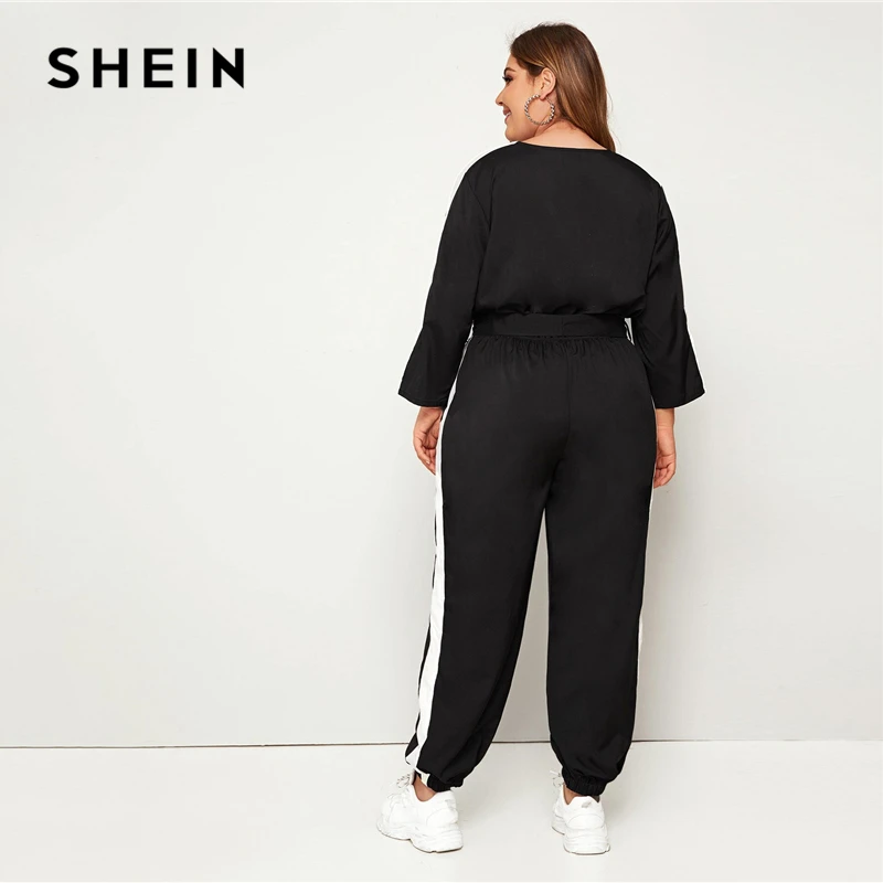SHEIN плюс размер цветной блок Surplice передний комбинезон с поясом женский весенне-осенний Повседневный v-образный вырез длинный рукав спортивные длинные Комбинезоны