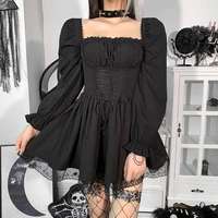 womens autumn new dress goth punk princess style long sleeved square collar pure color lace decoration pleated a line dresses