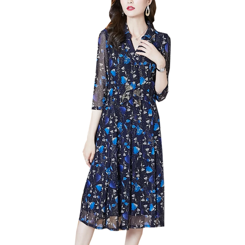 

2021 Summer New Women 's Clothing Slim Fit Fashion Printed Mesh 3/4 Sleeve Midi Dress