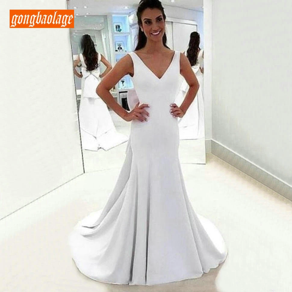 

Романтические белые свадебные платья с v-образным вырезом без рукавов с эластичным атласным бантом, свадебные платья русалки с открытой спи...