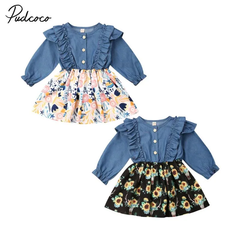 Детское платье-пачка с длинным рукавом оборками и подсолнухами | Детская одежда