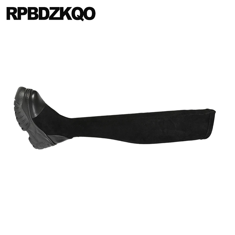 Замшевые облегающие Женские сапоги до бедра высокие на платформе с высокой