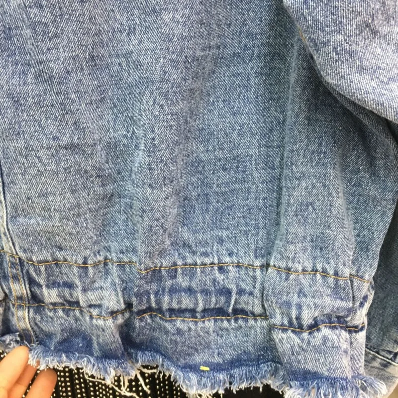 

Euro Brand New Fashion Diamonds Big Pocekts Womens Denim Jackets Long Sleeve Stand Collar Casual Loose Coats Streetwear