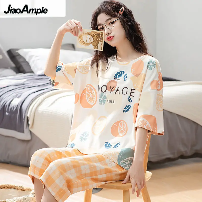 2022 Summer Pajamas Women's Cotton Short-Sleeved Cropped Trousers Nightie 2 Piece Summer Thin O-Neck Loose Printed Sleepwear