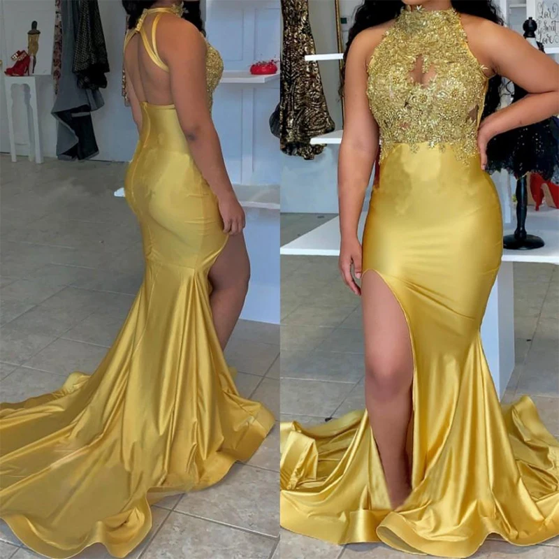 

Mermaid Lace Backless Prom Dresses Halter Neck Beaded Side Split Evening Gowns Sweep Train Appliqued Satin Plus Size Formal