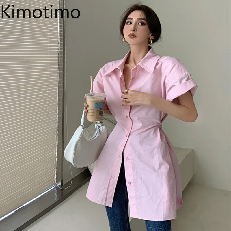 

Kimotimo Blouse Woman Korean Chic Summer French Style Temperament High Waist Midi Wide Lapel Loose Short-sleeved Shirt Top