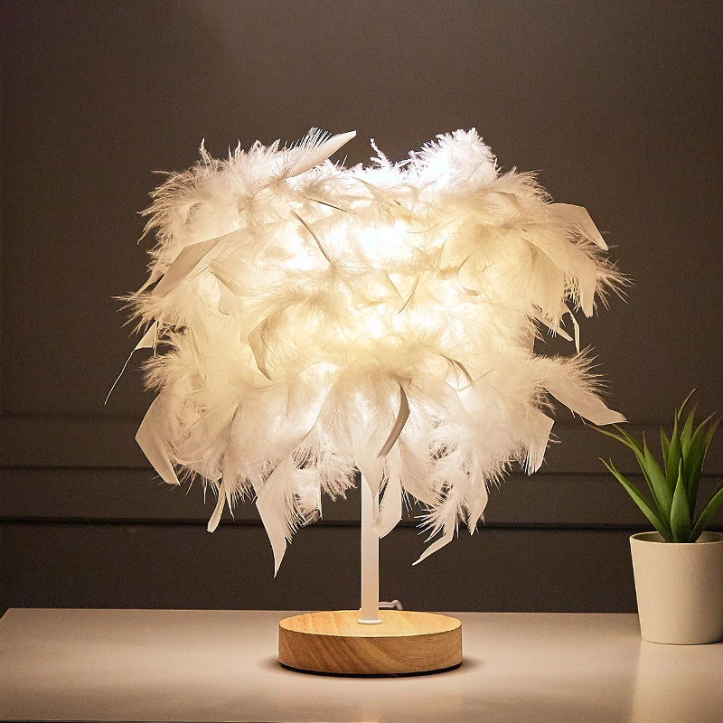 Lâmpada de Mesa Decoração do Quarto Controle Remoto Pena 1600 Mah Energia Faça Você Mesmo Criativo Luz Quente Árvore Abajur Casamento Casa Usb –
