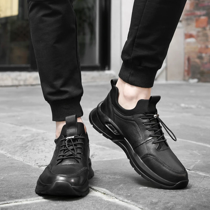 Harga Sepatu Kasual Pria Musim Semi Musim Gugur Sneakers Mewah Kulit Asli Sepatu Bot Pergelangan Kaki Berjalan Santai Berenda Pria Sneakers Modis Hitam