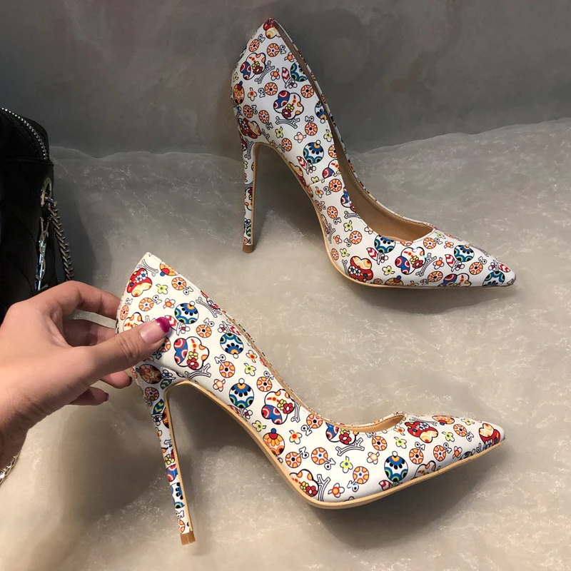 

Free shipping fashion Casual Designer flowers printed point toe high heels shoes pumps Stiletto heeled 12cm 10cm 8cm big size 12