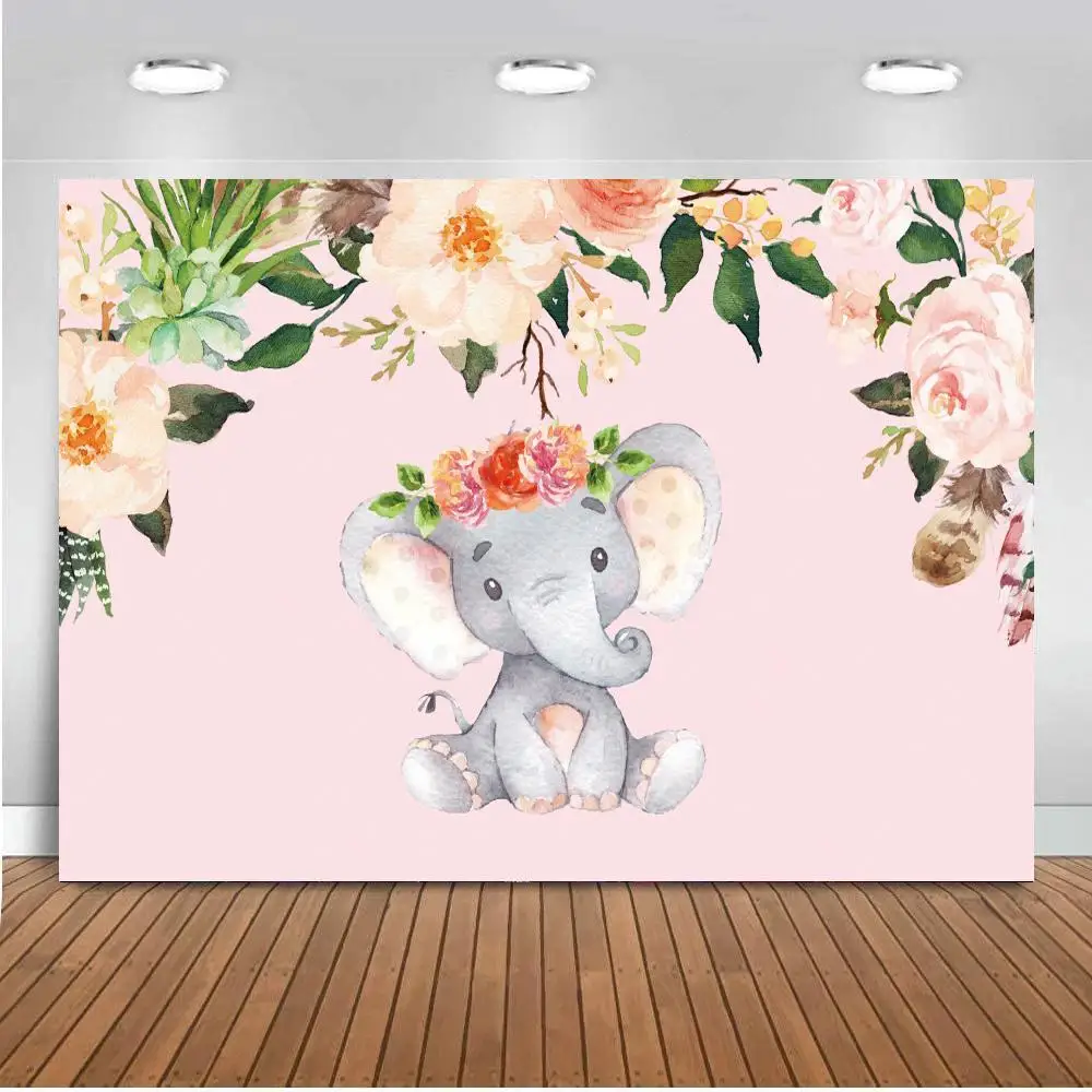 

Elephant Newborn Baby Shower Backdrop For Photography Flowers Safari Jungle Party Birthday Decor Background For Photo Studio
