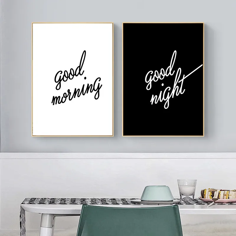 Черно-белые настенные картины с цитатами «доброе утро», «хорошая ночь», Художественная печать на холсте, картина с английскими словами, плакат, современный настенный Декор Черно-белые настенные картины с цитатами «доброе утро», «хорошая ночь», Художественная печать на холсте, картина с английскими словами, плакат, современный настенный Декор