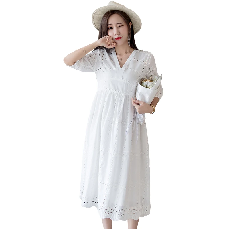 

1695# White Cotton Lace Maternity Dress Summer Korean Fashion V neck Clothes for Pregnant Women Slim Waist Pregnancy Dress Suit
