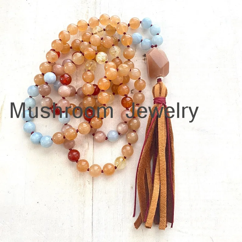 FFree Shipping Red Bead And Yellow Stone Sunstone Necklace 108 Mala Bead LEATHER Tassel Women Jewelry