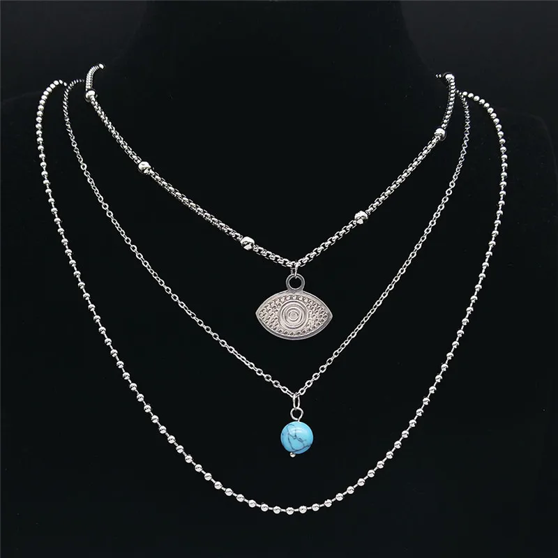 

Boho Islam Eyes Stainless Steel Blue Natural Stone 3 Layer Necklaces Women/Men Round Jewelry bijoux mauvais oeil NXS04