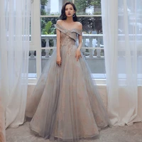 stunning off the shoulder evening dress soft tulle with gold applique prom gowns elegant pleats