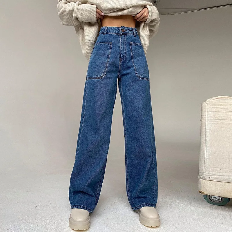

Summer Fashion High-waisted Wide-leg Loose Wrap Buttocks Pants Trendy Straight Jeans Pocket Womens Trousers 2021 Fall