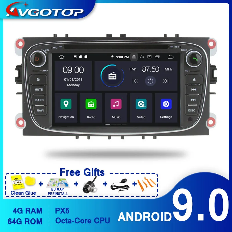 AVGOTOP 2 + 16 ГБ/4 64 ГБ Android 9 Bluetooth GPS Автомобильный плеер мультимедиа для FORD Mondeo/Focus/S
