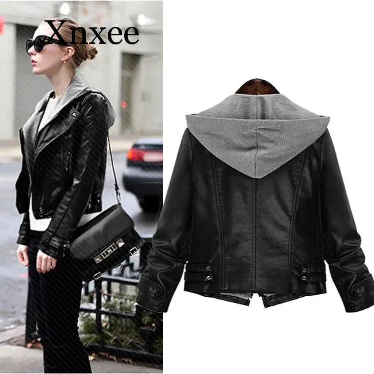 black gray punk elegant Women's pu  Leather Jacket Large Size Female Thin Hooded Long-sleeved Leather Women Short Coat short