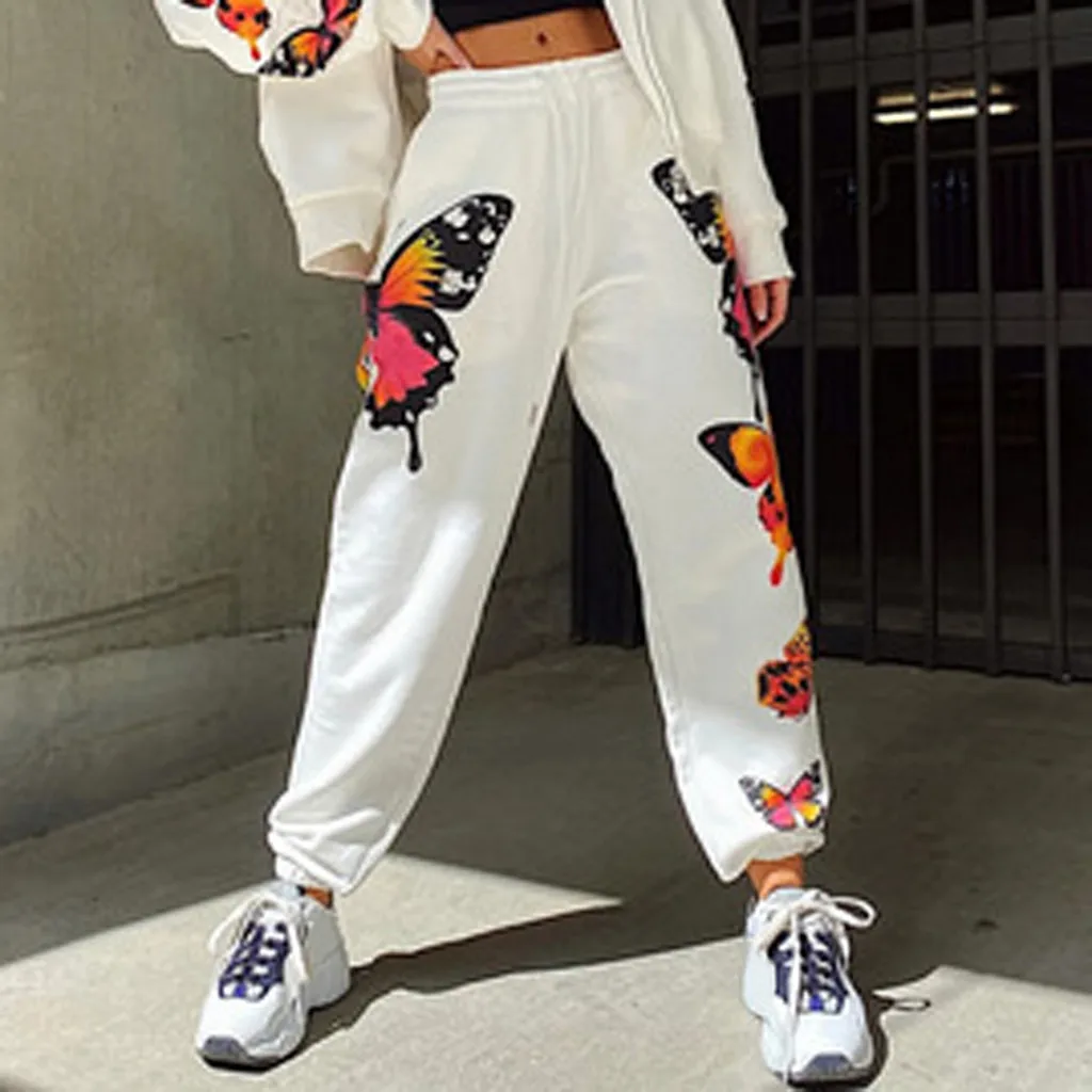 

Fashion Women Streetwear Butterfly Printed High Waist Cargo Pants Sweatpant Casual Sports Running Loose Long Pants Trousers#g3